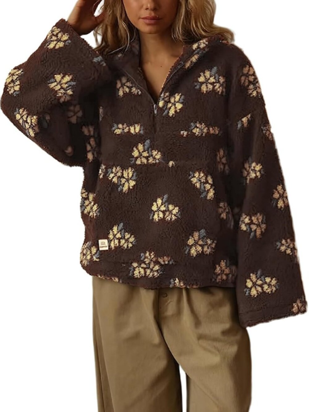 Women’s Coffee Floral Faux Fur Fleece Pullover Y2k Sherpa ZIP Winter Jacket